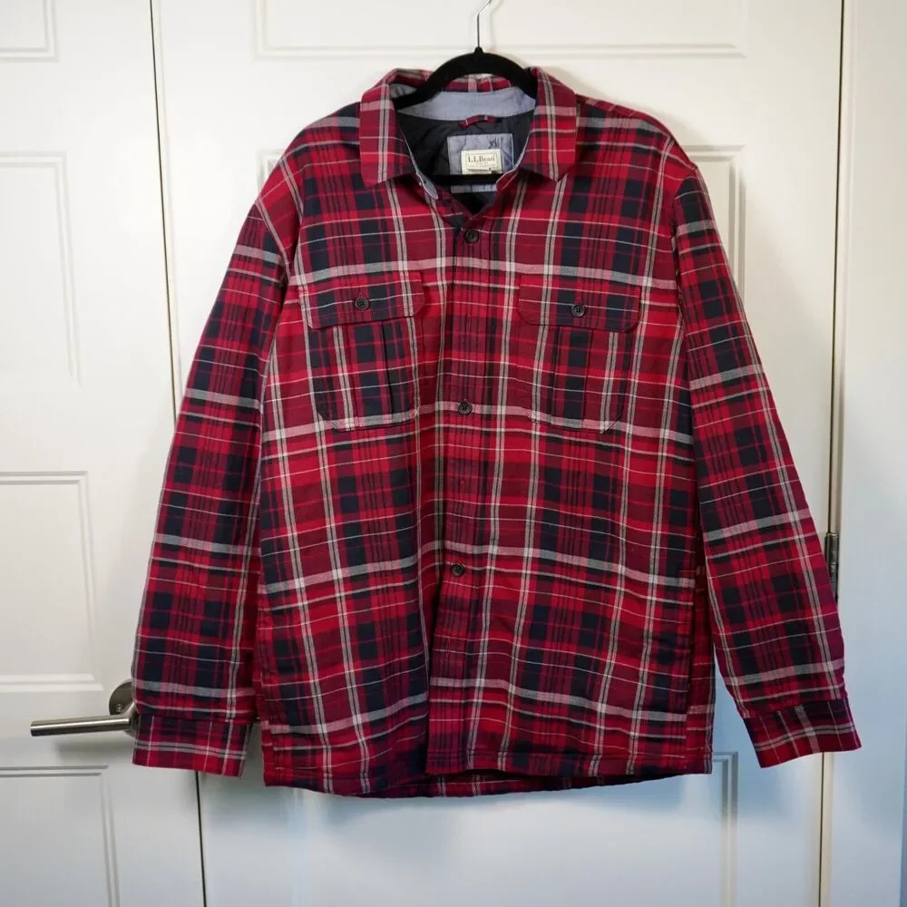 LL Bean Quilted Lined‎ Shirt Jacket Men's Large Red Plaid Slightly Fitted